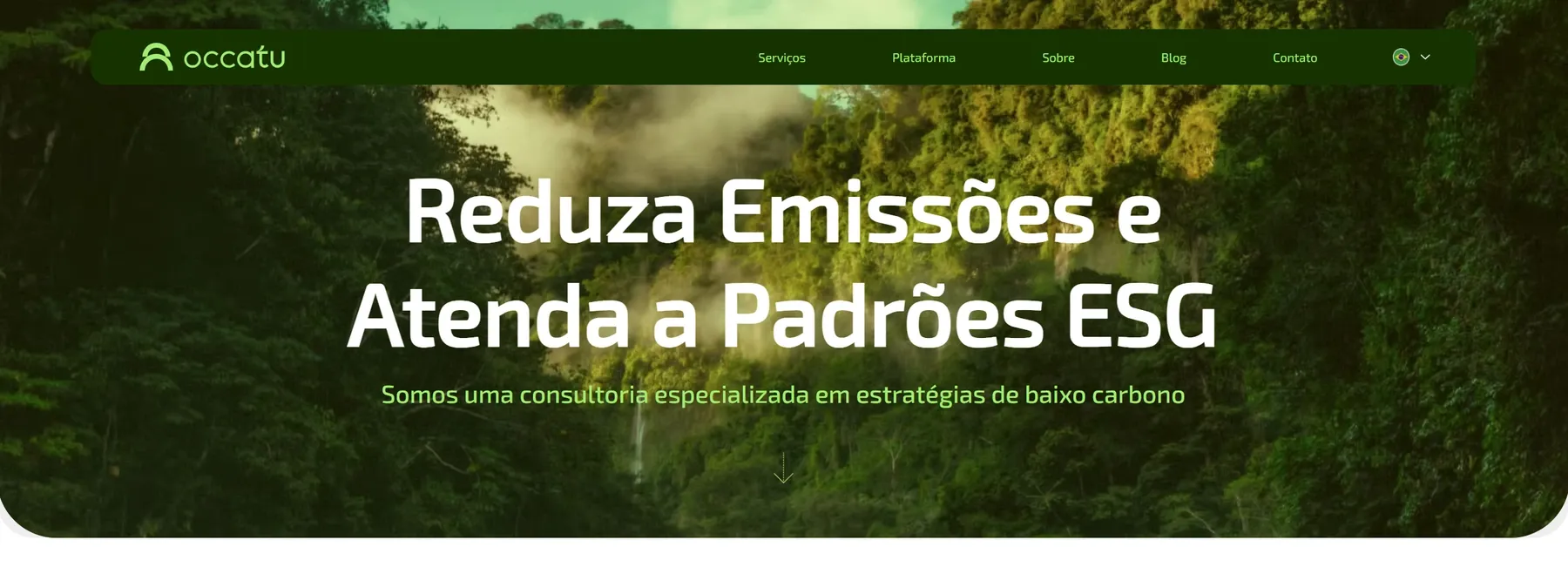 Topo do site da Occatu, com a manchete Reduza Emissões e Atenda a Padrões ESG sobre foto aérea de mata fechada